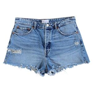 Zara High Waisted Distressed and Ripped Medium Wash Denim Shorts Women's Size 14